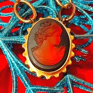Abalone Art Deco Luxurious Reversible Fiery Translucent "Red" Cameo Necklace